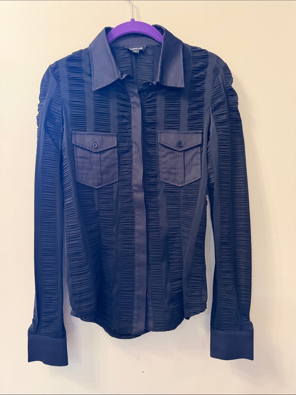 bebe Black Textured Long-Sleeve button down Shirt
